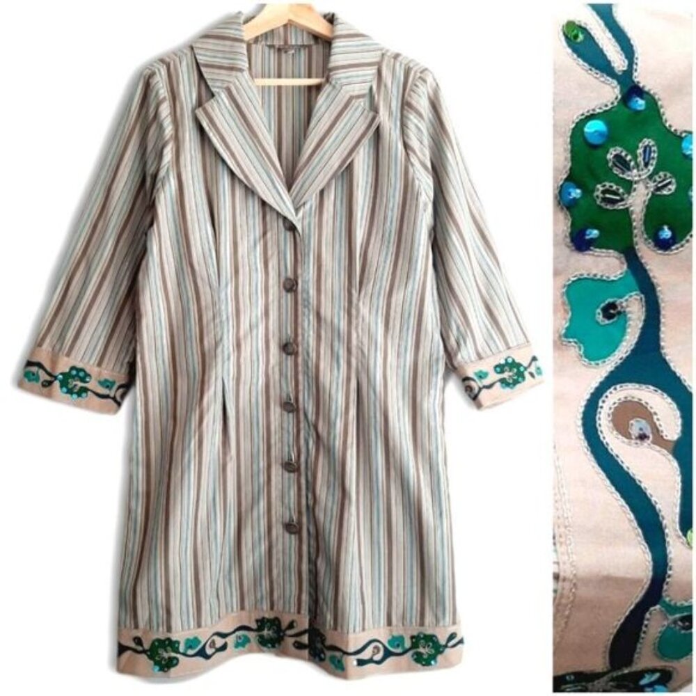 SPANNER Shacket Tunic Button Down Embellished Applique Stripe Sz 8